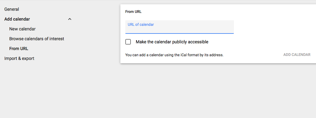 Import iCal Calendar into Google Calendar. Add calendar Url.